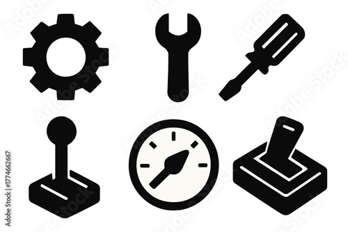 Brutalist Tool Icons. Technical manual mode silhouette set: gear, wrench, screwdriver, lever, gauge, switch.
