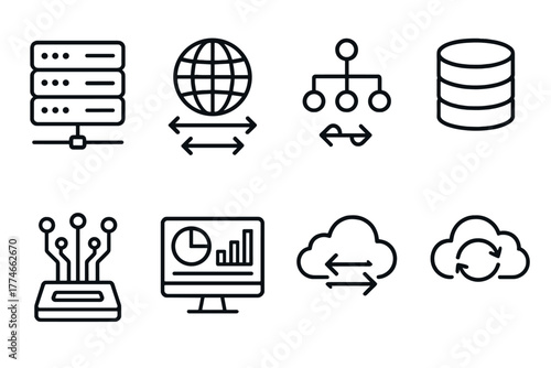 Tech Infrastructure Icons. Tech Load Balancer outline icons: server rack, network globe, algorithm nodes, stacked cylinders, circuit board, dashboard screen, arrows distribution,