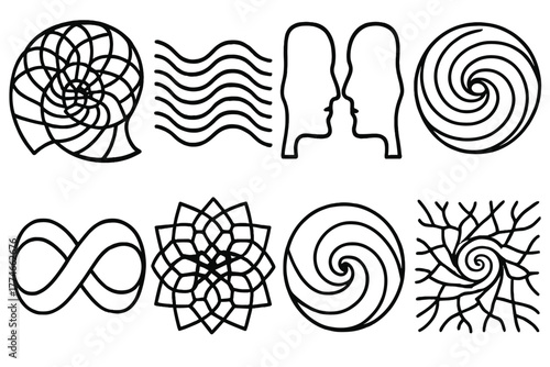 Abstract Brain Vortex. Abstract right brain outline icons: fractal spiral, geometric waves, mirrored faces, swirling vortex, infinity loop, kaleidoscope pattern, cosmic swirl,