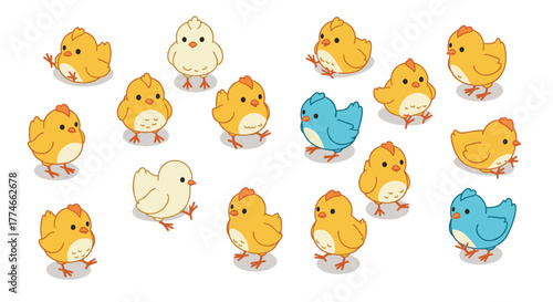 Cute cartoon chicks and bluebirds in playful springtime arrangement