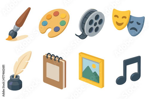 Creative Icons Collection. Creative Role Division flat icons: paintbrush, palette, film reel, theater mask, music notes, quill pen, sketchbook, gallery frame.