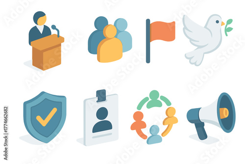 Public Confidence Icons. Public confidence flat icons: podium speaker, group of people, flag, peace dove, shield with check, ID badge, community circle, megaphone.
