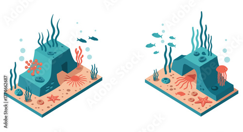 Isometric underwater scene with coral and marine life elements