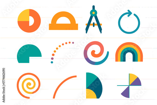 Modern Geometric Icons. Geometric arc flat icons: circle segment, protractor, compass tool, curved arrow, semicircle, dotted curve, abstract swirl, rainbow arc, spiral, curve line,