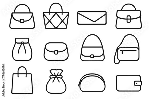 Fashion Bag Icons. Fashion bags outline icons: handbag, designer tote, clutch, satchel, bucket bag, mini purse, shoulder bag, crossbody, shopping bag, jewelry pouch, makeup bag,