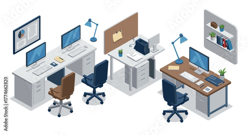 Modern isometric office workspace with desks, computers, and office supplies