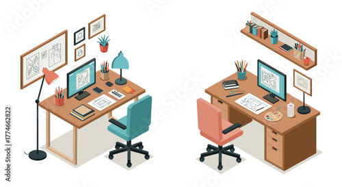 Cozy isometric home office desks with art supplies and computers