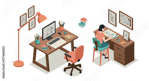 Creative home office with artistic and comfortable workspace setup for designers