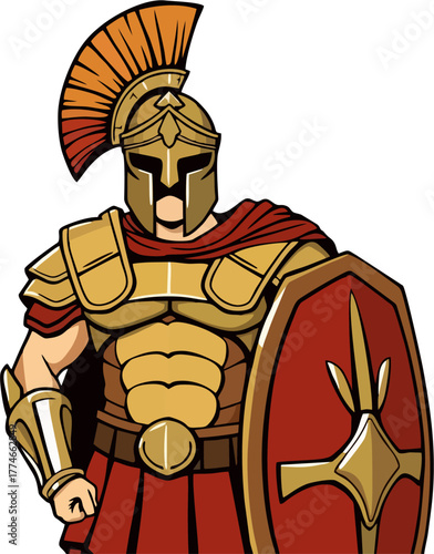 Cartoon Spartan Warrior in Gold Armor with Red Cape and Shield – Ancient Greek Gladiator Vector Illustration