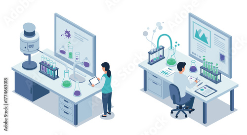 Isometric lab scene with scientists analyzing data and experiments in modern laboratory setting