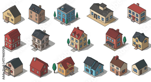 Charming isometric houses collection with varied architectural styles and colors