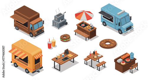 Food trucks, outdoor dining, and beverage stalls in isometric style for urban design