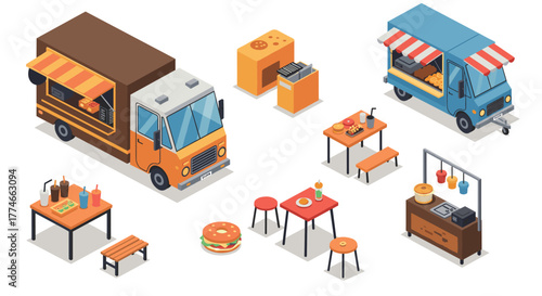 Colorful mobile cuisine scene featuring food trucks and outdoor dining elements in isometric style