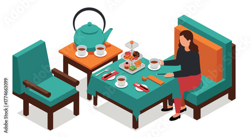 Cozy isometric afternoon tea scene with desserts and elegant table setting