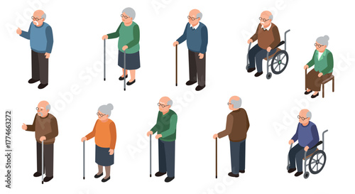 Isometric elderly people with mobility aids in diverse poses and outfits