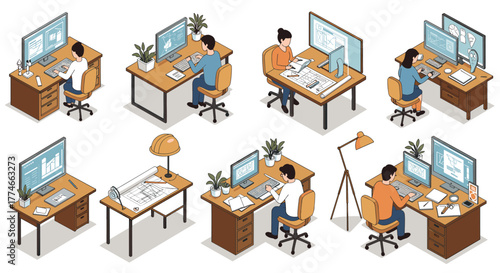 Isometric office spaces with diverse professionals at workstations
