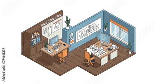 Isometric office workspace with architectural designer using computer technology