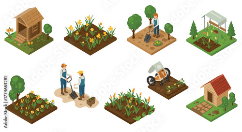Isometric garden design concepts with planting and gardening scenes