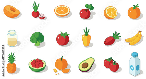 Colorful isometric fruits and vegetables icons set for healthy living designs