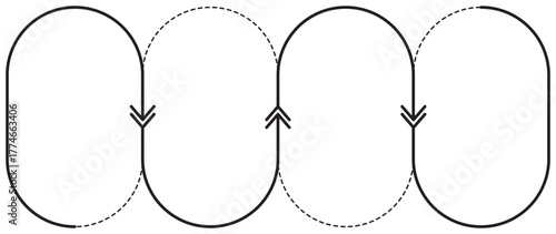 Vector Circular Process Infographic Template. Monochrome, 4-step illustration uses rounded segments and arrows to visualize a continuous, alternating flow or cycle. Thickness of the lines is editable