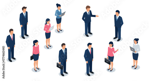 Diverse team of business professionals in isometric style engaging in discussions and work activities