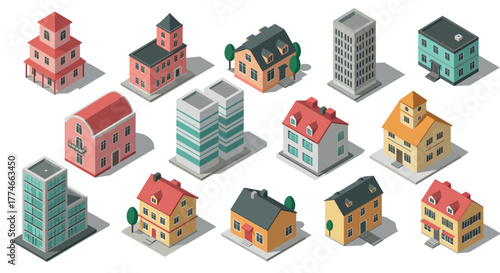 Diverse building collection in isometric style featuring modern and classic architecture