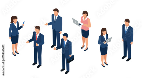 Business people in isometric style engaging with technology and collaborating in professional attire