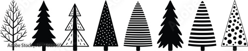 PrintMinimalist black and white Christmas trees collection, modern pine tree silhouettes, geometric holiday forest design, Scandinavian winter decoration elements illustration