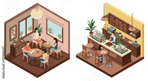 Cozy isometric coffee shop scene with customers and barista in warm tones