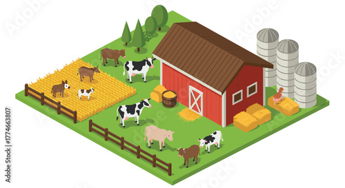 Isometric farm scene with animals and red barn