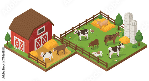Isometric farm scene with barn, cows, and hay bales in pastoral setting