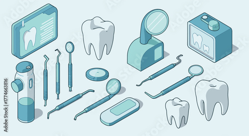 Isometric dental tools and equipment in modern flat design