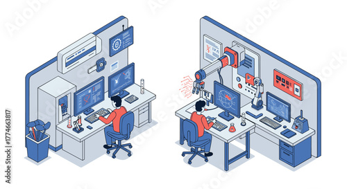 Isometric artificial intelligence research lab with robotic arm and scientists