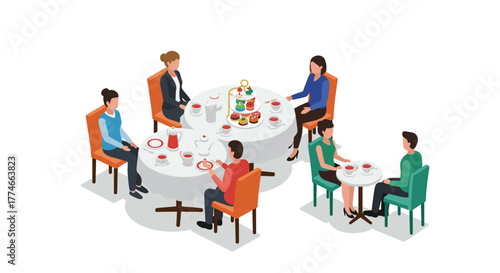 Isometric afternoon tea gathering with people at round tables