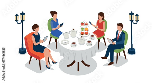 Isometric group socializing at table with tea and desserts