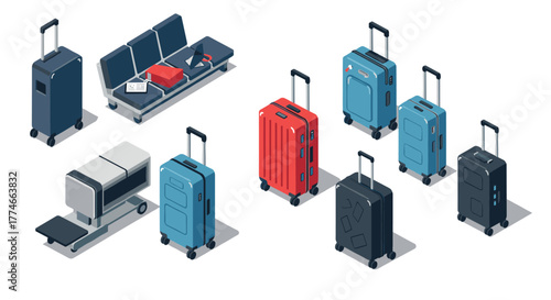 Isometric luggage and airport seating with suitcases in modern design