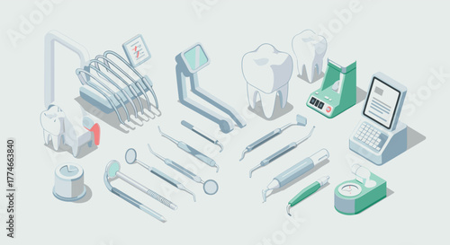 Isometric dental equipment set with tools, teeth, and technology elements