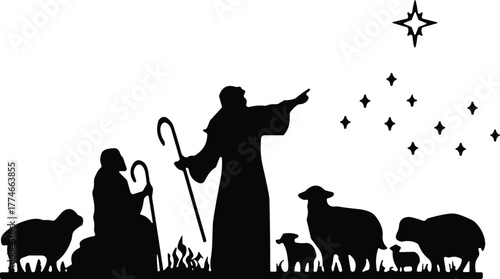 PrintSilhouette, nativity, shepherds, lambs, star, Bethlehem, Christmas, holy night, pastoral, biblical, scene, illustration, black, white, religious, tradition, faith, worship, vintage, peaceful