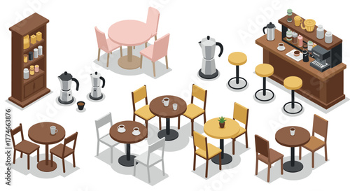 Cozy isometric cafe interior with furniture and coffee equipment