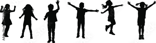 PrintSilhouettes of jumping children, black and white illustration, playful kids, energetic poses, childhood activity, dance motion, expressive movement, white background