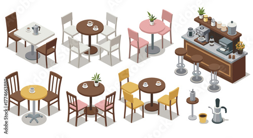Cozy cafe interior with isometric tables and bar counter