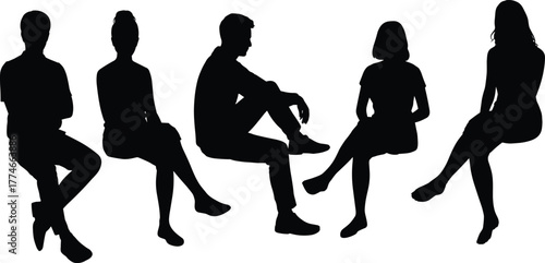 PrintSilhouettes of seated people, various sitting postures, black vector, body language, ergonomic study, human form, minimal design, white background