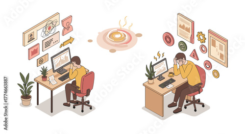 Isometric office stress: worker analyzing data in calm vs. anxiety environment