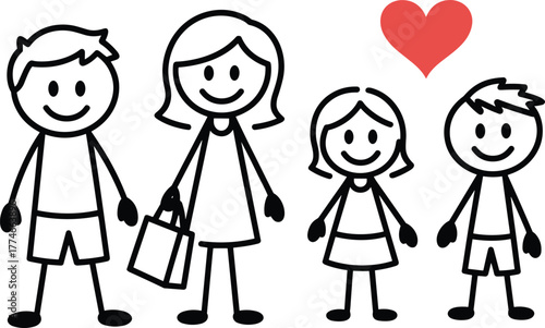 PrintStick figure family illustration, happy parents and children, heart symbol, simple line art, love concept, minimal design, cartoon vector