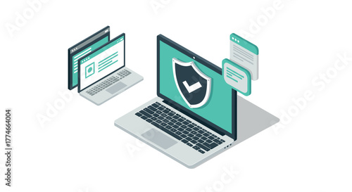 Cybersecurity protection concept with digital shield and laptop interface