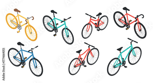 Colorful isometric bicycle collection with diverse designs on white background