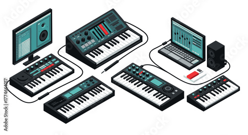 Isometric music production setup featuring synthesizers and digital audio workstation