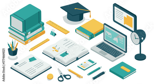 Isometric educational tools: books, laptop, and stationery for learning and office