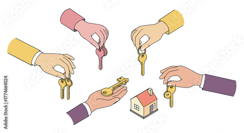 Isometric hands holding keys and house symbolizing real estate and property ownership