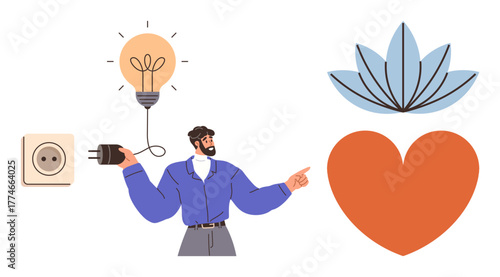 Man plugs cord into outlet with glowing bulb above, heart, and lotus in composition. Ideal for innovation, sustainability, mindfulness, wellness, energy, creativity emotional balance simple flat